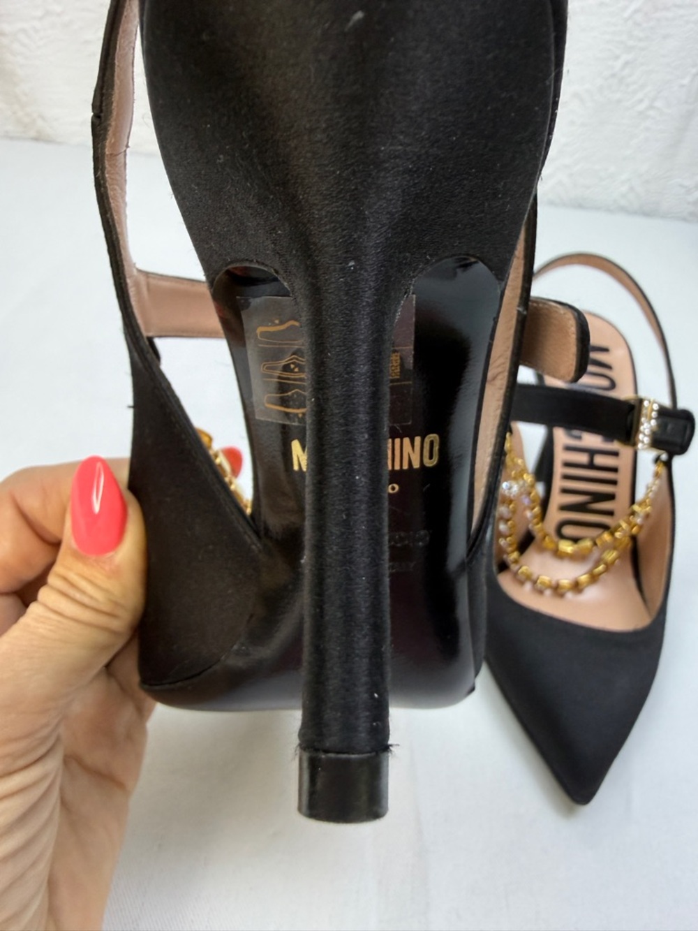 Moschino Crystal Chain Slingback Pumps Black Silk Satin Heels EU 35 NWO Box - Picture 8 of 13